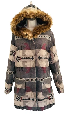 Abrigo para mujer gris Saks Fifth Avenue talla L mezcla de lana poliéster capucha de piel azteca Foto 1 de 4