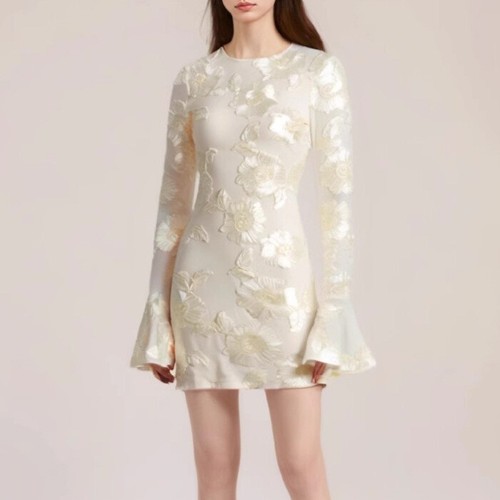 OFF WHITE Abito donna ricamato senza schiena nuovo jacquard slim fit manica svasata gonna corta