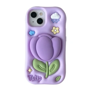 Für iPhone 13 14 15 16 Pro Max Lila Tulpe 3D Silikon Handy Hülle Ständer Cover - Bild 1 von 10
