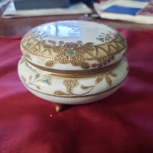 T S Nippon Hand Painted Covered Powder Jar, Gold Trim, 3 Footed - Picture 1 of 9