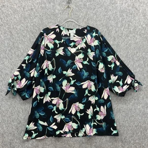 NEW Catherines 2X Long Tunic Shirt Womens Plus 22/24W Black Floral Layered Hem - Picture 1 of 10