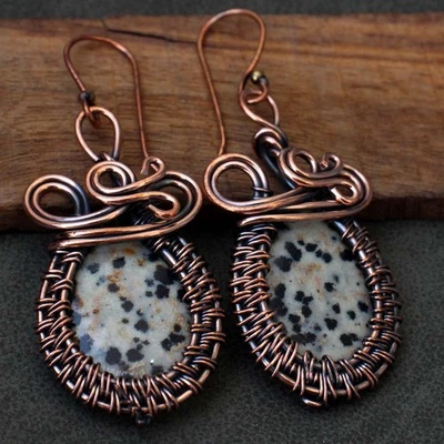 Copper Wire-Wrapped Dalmation Jasper Huge Earrings Jewelry Size 2.1" GW - Image 1 of 3