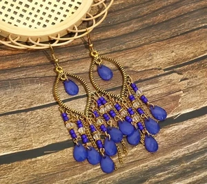Bohemian boho blue glass bead Earrings In gold Plate. drop Dangle - Picture 1 of 4