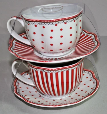 Juego de 2 tazas y platillos de té Grace Teaware Josephine rayas y puntos nuevos Foto 1 de 3