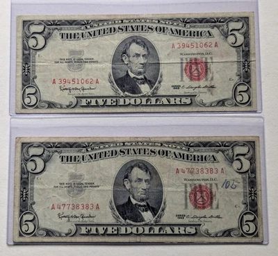 US Two, Five Dollars Bills, 1963, $5 Bills, Red Seal, Light Bleed Through  - Image 1 of 4