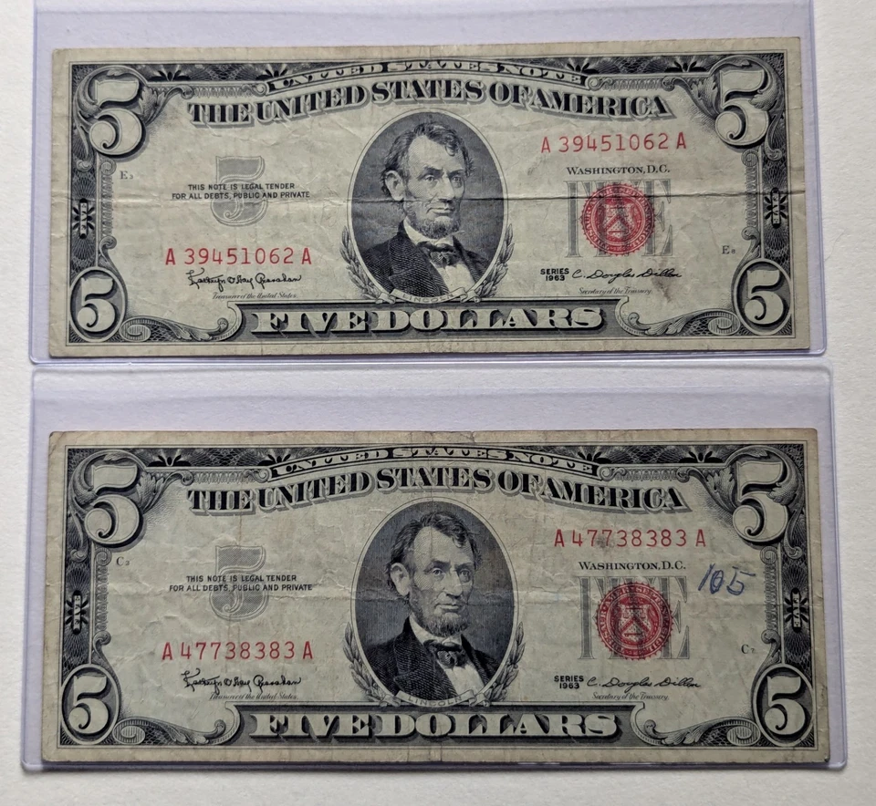 US Two, Five Dollars Bills, 1963, $5 Bills, Red Seal, Light Bleed Through  - Image 1 of 4