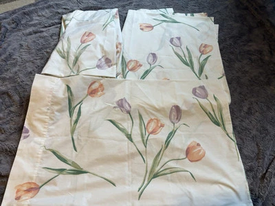 Vintage USA Made Martex Twin Sheet Set Floral Tulips Fitted Flat Pillowcase Mcm  - Image 1 of 4