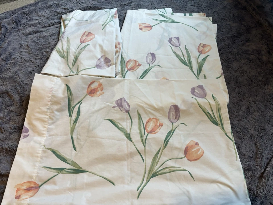 Vintage USA Made Martex Twin Sheet Set Floral Tulips Fitted Flat Pillowcase Mcm  - Image 1 of 4