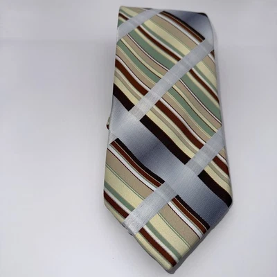 Gravata listrada vintage Wembley verde marrom acastanhado cinza gravata larga 55” de comprimento 3,75” - Imagem 1 de 4