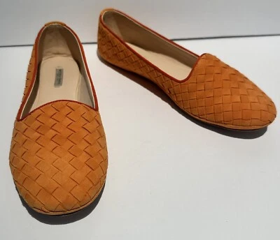 BOTTEGA VENETA 橙色麂皮绒编织皮鞋平底乐福鞋拖鞋莫卡辛鞋 — 第 1/4 张图片