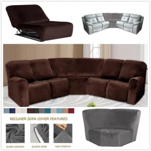 5-Seater Velvet Recliner Corner Sofa Stretch Couch Cover Curved Shape Sectional - Picture 1 of 136