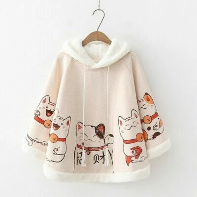 Women Fleece Cloak Cape Poncho Coat Jacket Japanese Lolita Cat Hooded Thick - Image 1 of 4