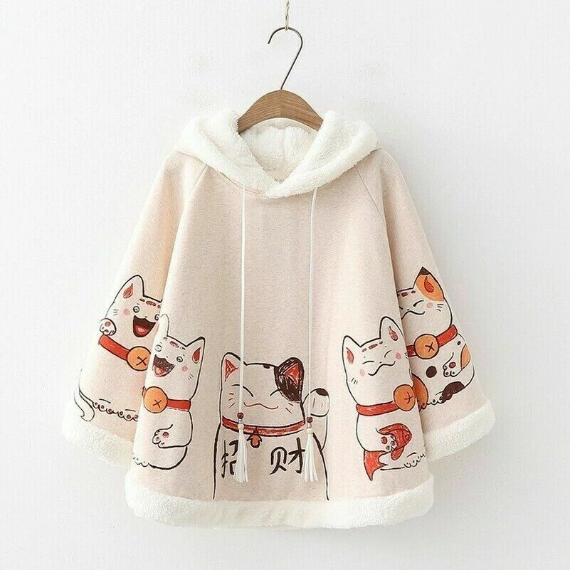 Women Fleece Cloak Cape Poncho Coat Jacket Japanese Lolita Cat Hooded Thick - Image 1 of 4