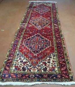 Heriz Runner Rug Geometric Medallion Red Cream Navy Blue 3.9 x 10.8 Wool Antique - Picture 1 of 12