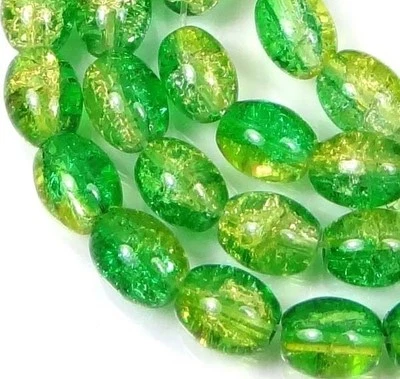 8x6mm Czech Glass Crackle Cracked Barrel Rice Beads - Green / Yellow (50) 16"  - Image 1 of 2
