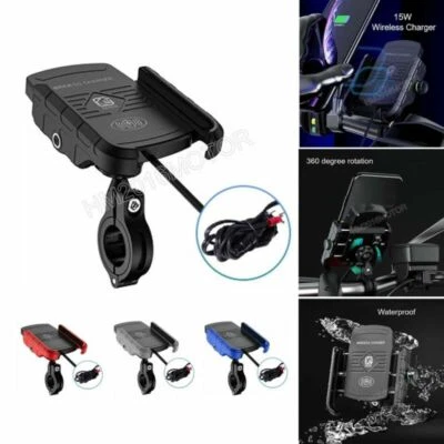 Motorcycle Handlebar Mirror Mount 3.5-6" Cell Phone Holder Wireless USB Charger - Image 1 of 4