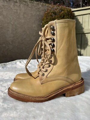 Bota de Combate Free People Cuero Vachetta Natural Santa Fe Con Cordones Talla 37 7 Foto 1 de 4