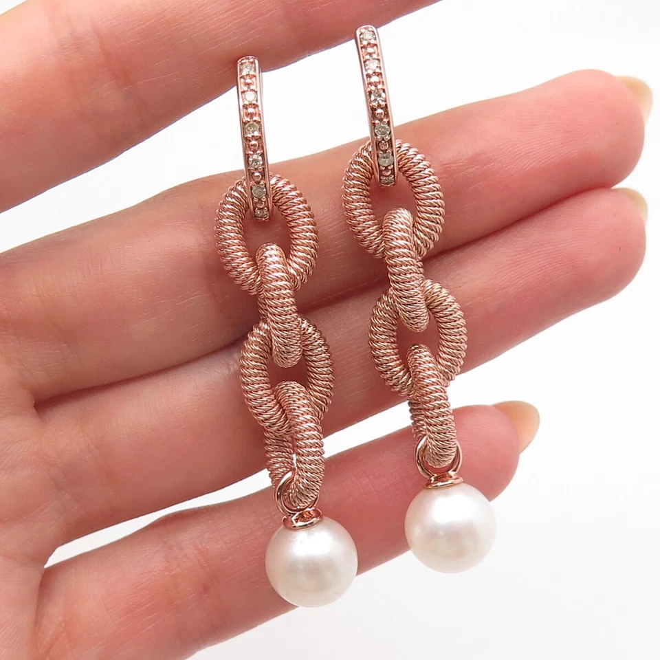 Висячие серьги из стерлингового серебра 925 пробы с настоящими бриллиантами и жемчугом и покрытием из розового золота - Изображение 1 из 4
