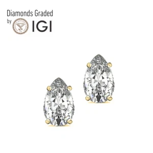 IGI 3.0Ct FVS1 Pear Lab Diamond Basket Stud Earrings Push Back 18K Yellow Gold - Picture 1 of 9