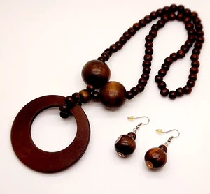 S001 Chunky Brown round pendant wood necklace beaded big long necklace & earring - Picture 1 of 4