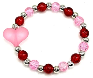 7" Valentine's Day Beaded STRETCH Bracelet-Red/Pink Glass Beads & Frosted Heart - Picture 1 of 5