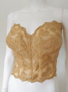 90s Vintage Victoria's Coquette Gold Floral Lace strapless Bustier Cami top 40 D - Picture 1 of 12