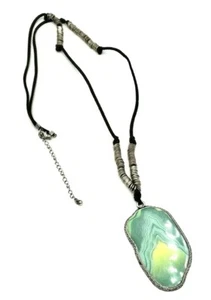 Agate Necklace Blue Green Waves Dark Brown Rope Chain Ethnic Bohemian 34 inch - Picture 1 of 7