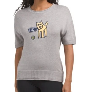 LIFE IS GOOD Women's Knit Sweater Tee Dog Graphic Grey Cotton Pullover Whimsy XL - Picture 1 of 9