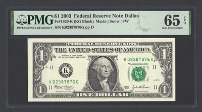 United States-Federal Reserve 1 Dollar 2003 Fr#1929-K (KG Block) UNC Grade 65 - Image 1 of 2