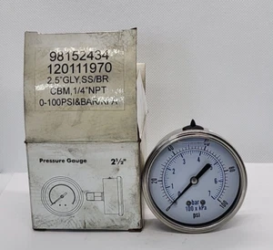 ASME 2.5"GLY, PRESSURE GAUGE SS/BR CBM, 1/4" NPT 0-100PSI & BAR/KPA [RC 1-3] - Picture 1 of 4