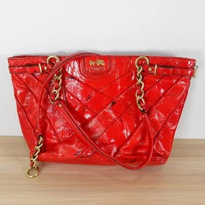COACH Bag Leather Shoulder Purse Red Tote Medium Diagonal Pleated Madison DEFECT - Picture 1 of 22