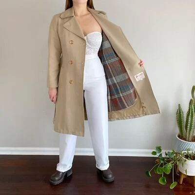 Vintage 80s Forecaster plaid lined tan trench wrap coat! Womens Small  - Image 1 of 4