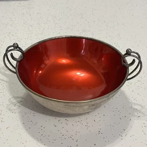 MCM HGr Hugo Grun RED ENAMEL & SILVER 2 HANDLE BOWL Denmark 1950-1960s VINTAGE - Picture 1 of 10