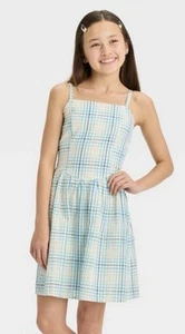 NWT Art Class Girls Alabaster Blue Gingham Spaghetti Strap Dress (Size XL 14) - Picture 1 of 12