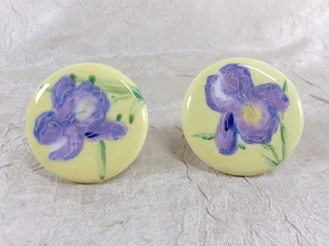 Pair of 2" Ceramic Drawer Pulls Ceramic Yellow with Purple Iris Flower - Picture 1 of 7