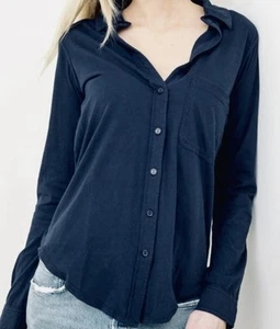 bobi Los Angeles Womens stretch Long Sleeve Collar Pocket Tee in Navy Size M - Picture 1 of 8