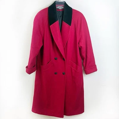 Vintage Jofeld Long Wool Coat Velvet Collar Pockets Red Black Large Old Money - Image 1 of 4