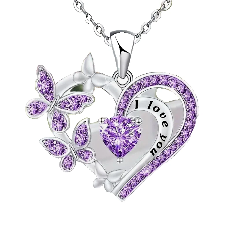 I love you collar mariposa en forma de corazón con pedrería lavanda 18"+ cadena Foto 1 de 1