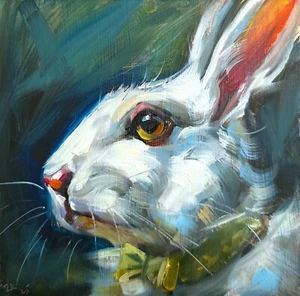 White Rabbit in Bow Tie Oil Painting Original Whimsical Animal Art 6x6 In - Picture 1 of 6