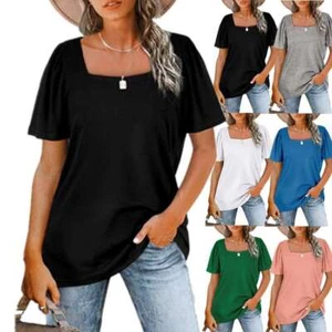 Womens Tops Square Neck Summer Puff Sleeve Casual T Shirts Loose Fit Tunic Blous - Picture 1 of 16