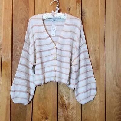 Cárdigan corto American Eagle de gran tamaño con cuello en V, rayas medianas, blancas y rosas Foto 1 de 4