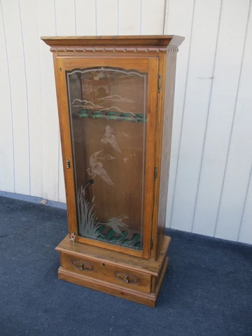 63841 Solid Oak Gun Rifle Cabinet with Locks and Etched Glass door Cover