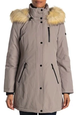 Parka para mujer Tahari gris Whitney a prueba de viento con ribete de piel sintética XS NDS2 Foto 1 de 3