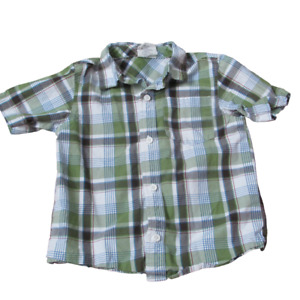 Crazy 8 Button Front Dress Shirt Boys Size 3T Green Plaid Short Sleeve Collared