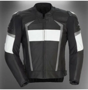 Hecho a mano Hombres Negro Blanco Motocicleta Gris Líneas Cuero Almohadillas de seguridad Chaqueta - Imagen 1 de 3
