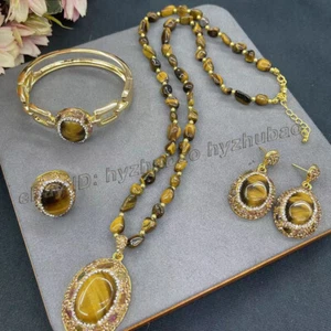 Pendientes ovalados con incrustaciones de gemas de ojo de tigre de turmalina pulsera anillo colgante collar - Imagen 1 de 10
