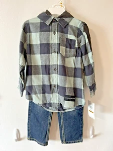 Calvin Klein Kleinkind 2-teiliges Set Größe 3T Jeans Button Down Kariert Kapuze Neu mit Etikett - Bild 1 von 9