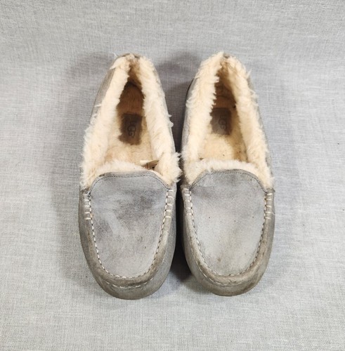 Mocassini donna Ugg Ansley ciabatte slip on taglia 7 grigio scamosciato pelliccia di shearling