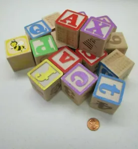 Set of 17 LETTERS, NUMBERS, IMAGES Play or Craft 1 5/8" WOODEN BLOCKS Wood Block - Picture 1 of 3