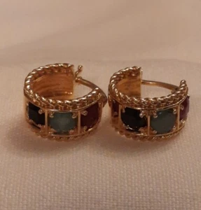 Gold Toned Faux Ruby Emerald Sapphire Hugger Earrings Post - Picture 1 of 13